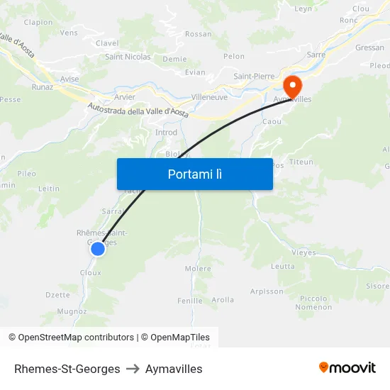 Rhemes-St-Georges to Aymavilles map