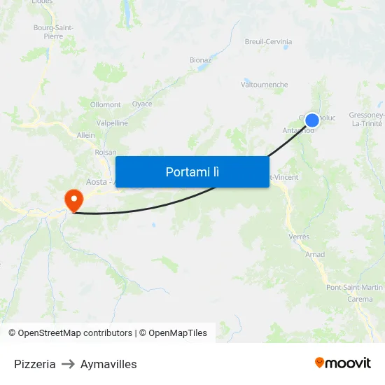Pizzeria to Aymavilles map