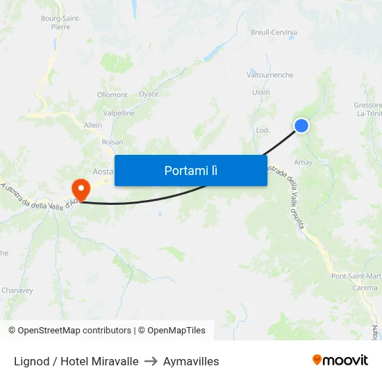 Lignod / Hotel Miravalle to Aymavilles map