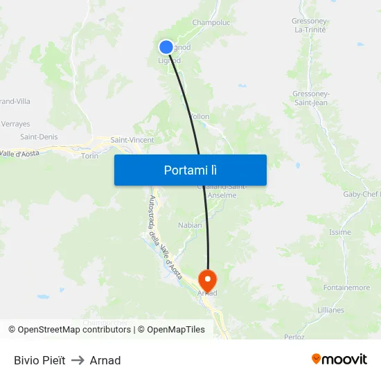 Bivio Pieït to Arnad map