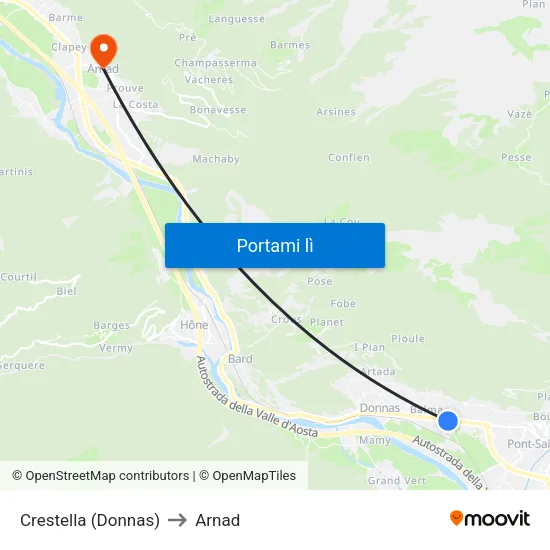 Donnas Crestella to Arnad map