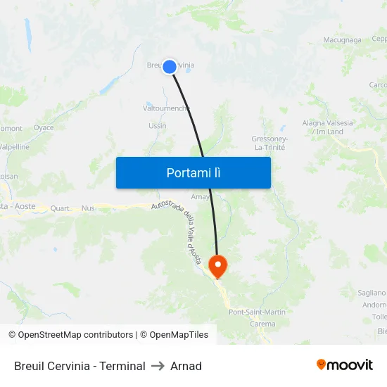 Breuil Cervinia - Terminal to Arnad map