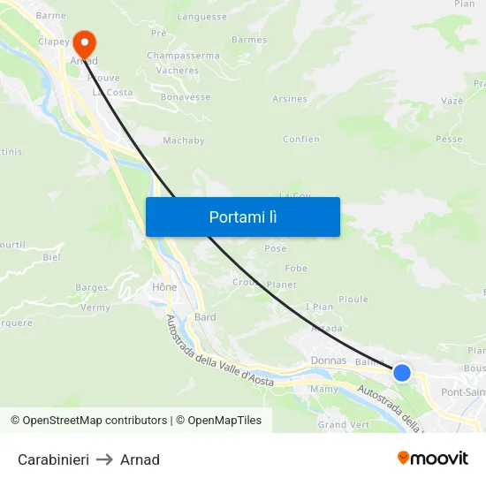 Donnas Carabinieri to Arnad map