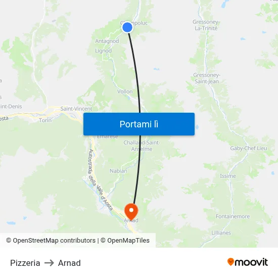 Pizzeria to Arnad map
