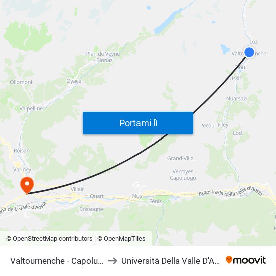 Valtournenche - Capoluogo to Università Della Valle D'Aosta map