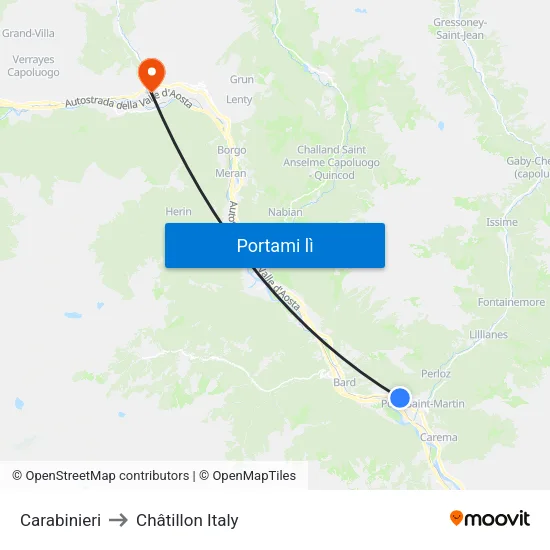 Donnas Carabinieri to Châtillon Italy map