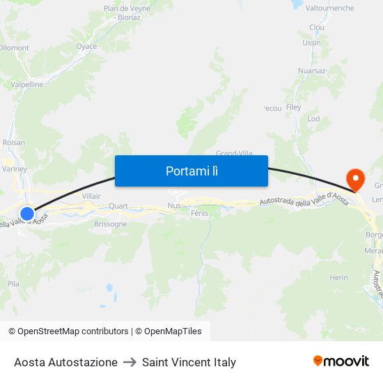 Aosta Autostazione to Saint Vincent Italy map