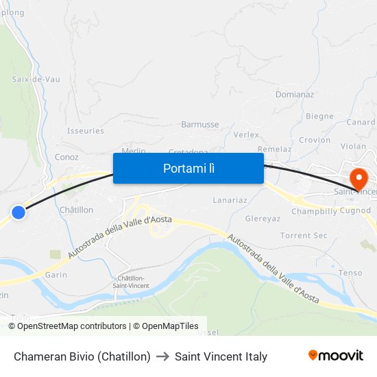 Chameran Bivio (Chatillon) to Saint Vincent Italy map