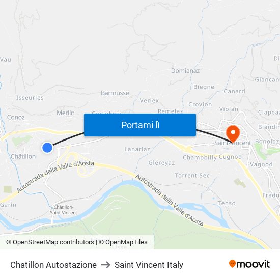 Chatillon Autostazione to Saint Vincent Italy map