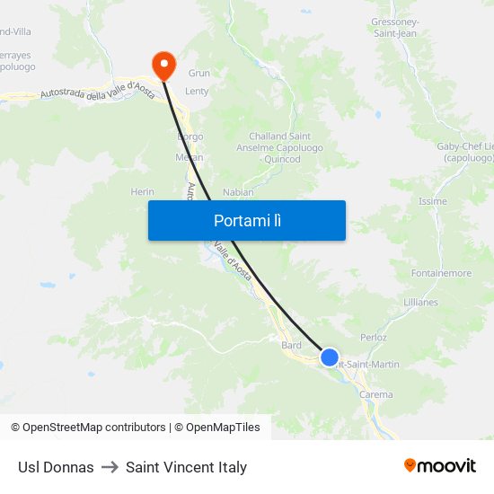 Usl Donnas to Saint Vincent Italy map