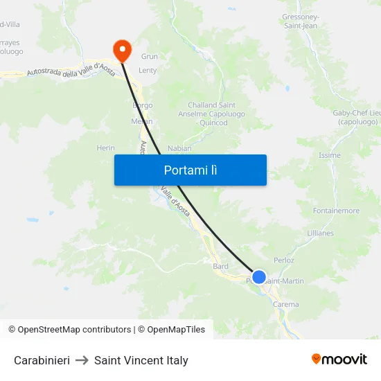 Donnas Carabinieri to Saint Vincent Italy map