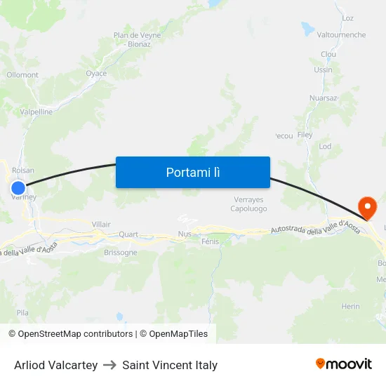 Arliod Valcartey to Saint Vincent Italy map