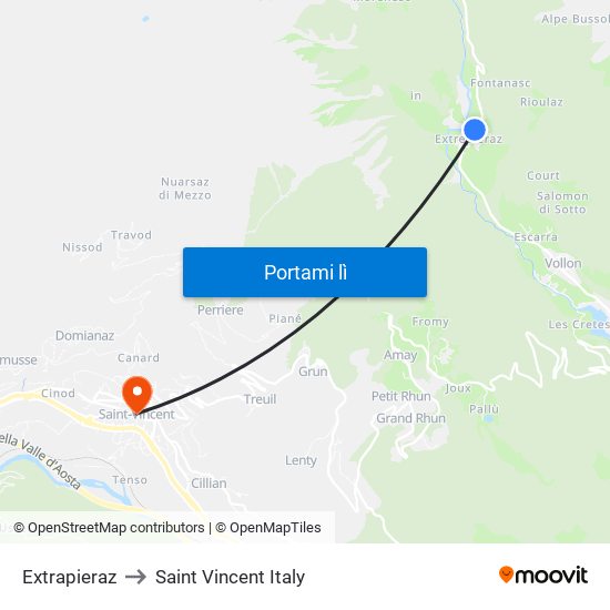 Extrapieraz to Saint Vincent Italy map