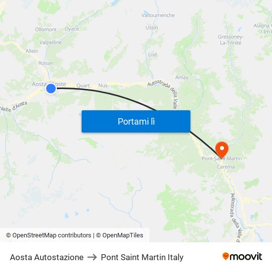 Aosta Autostazione to Pont Saint Martin Italy map