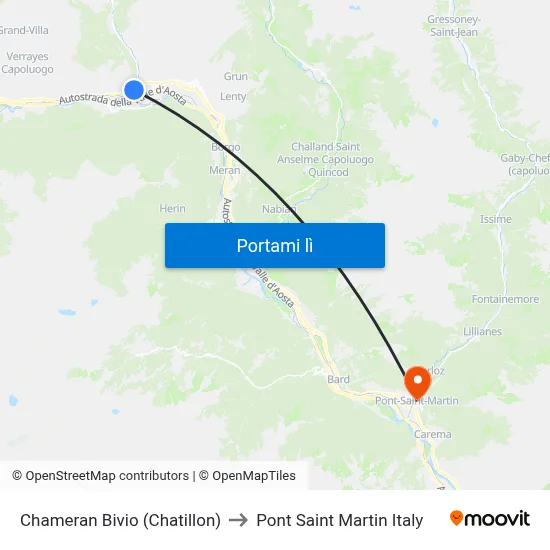 Chameran Bivio (Chatillon) to Pont Saint Martin Italy map