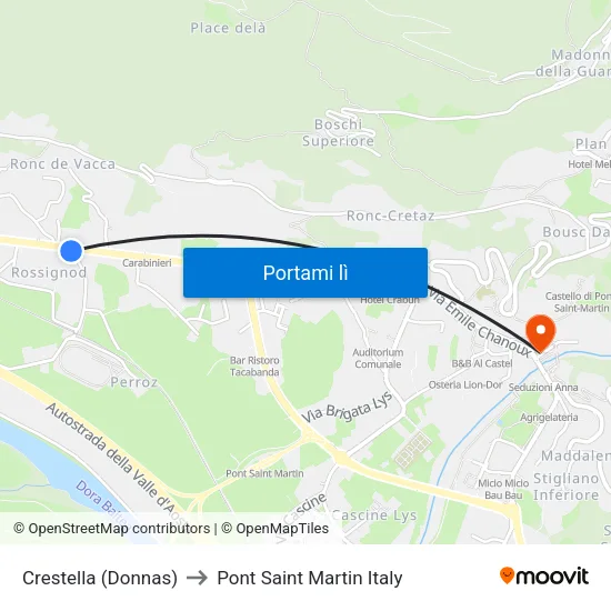 Donnas Crestella to Pont Saint Martin Italy map