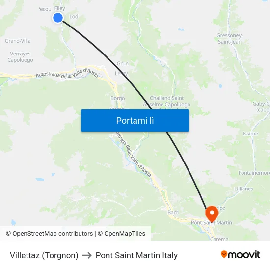 Villettaz (Torgnon) to Pont Saint Martin Italy map