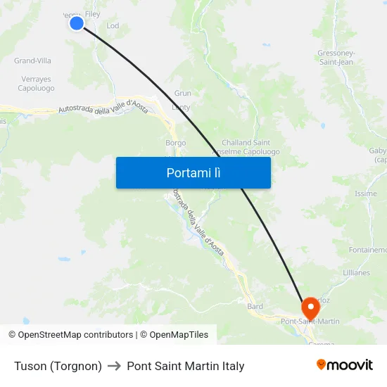 Tuson (Torgnon) to Pont Saint Martin Italy map