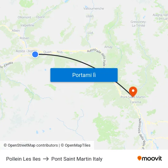 Pollein Les Iles to Pont Saint Martin Italy map