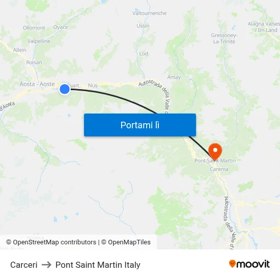 Carceri to Pont Saint Martin Italy map