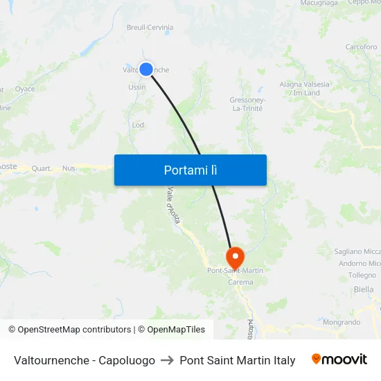 Valtournenche - Capoluogo to Pont Saint Martin Italy map