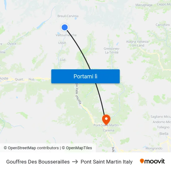 Gouffres Des Bousserailles to Pont Saint Martin Italy map