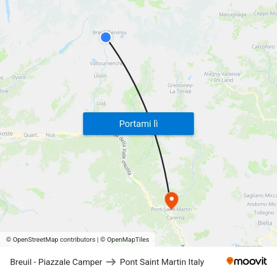 Cervinia Carabinieri to Pont Saint Martin Italy map