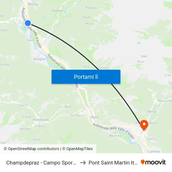 Champdepraz - Campo Sportivo to Pont Saint Martin Italy map