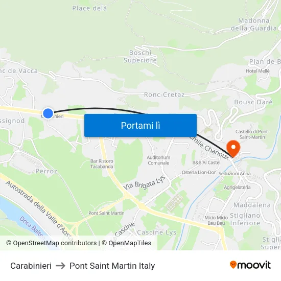 Donnas Carabinieri to Pont Saint Martin Italy map