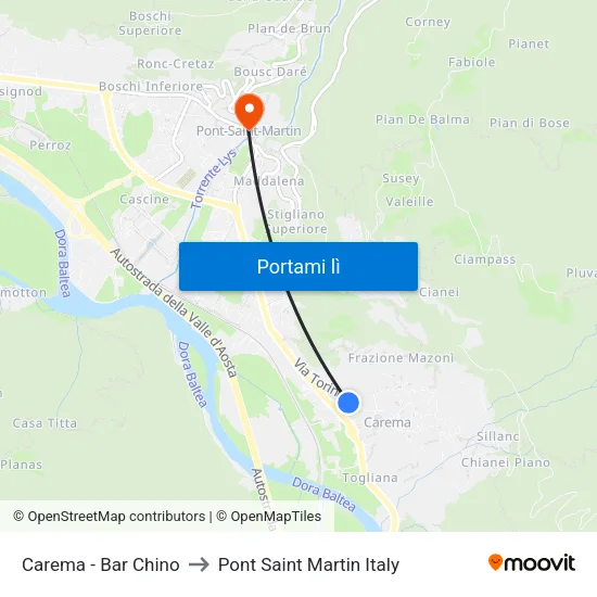 Carema - Bar Chino to Pont Saint Martin Italy map
