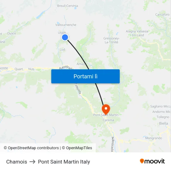 Chamois to Pont Saint Martin Italy map