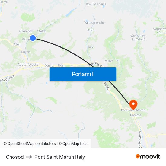 Chosod to Pont Saint Martin Italy map