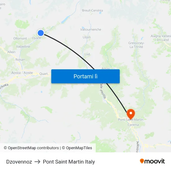 Dzovennoz to Pont Saint Martin Italy map
