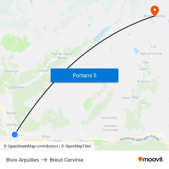 Bivio Arpuilles to Breuil Cervinia map