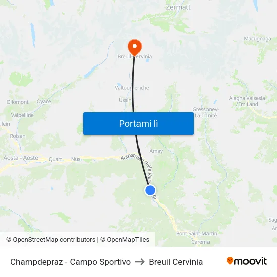 Champdepraz - Campo Sportivo to Breuil Cervinia map