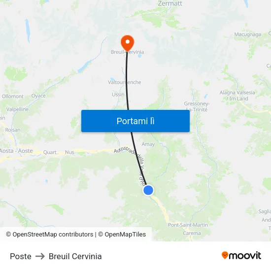 Vèrres Poste to Breuil Cervinia map