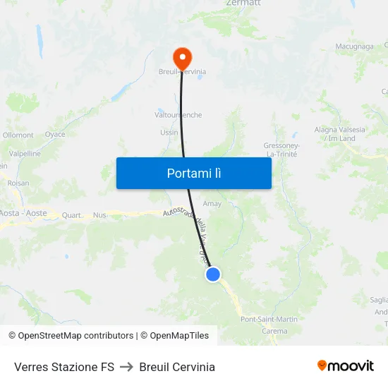 Verres Stazione FS to Breuil Cervinia map