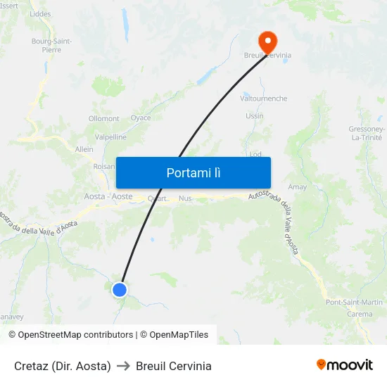 Cretaz (Dir. Aosta) to Breuil Cervinia map