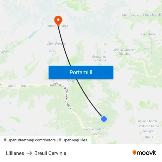 Lillianes to Breuil Cervinia map