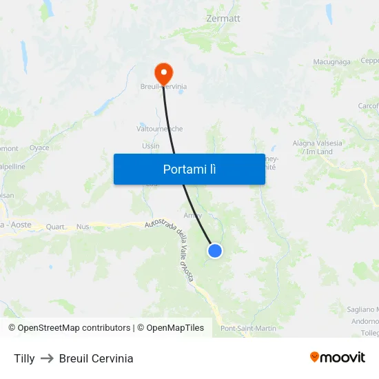 Tilly to Breuil Cervinia map