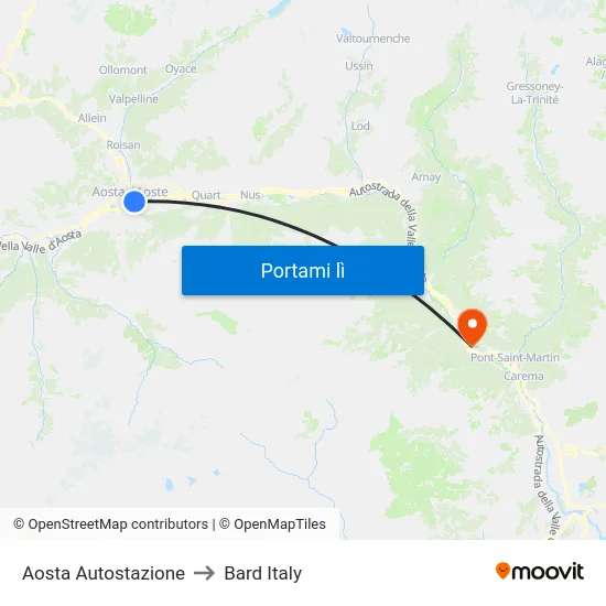 Aosta Autostazione to Bard Italy map