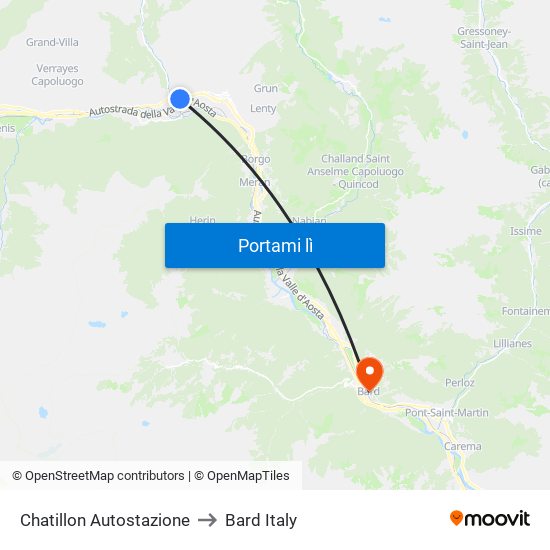 Chatillon Autostazione to Bard Italy map