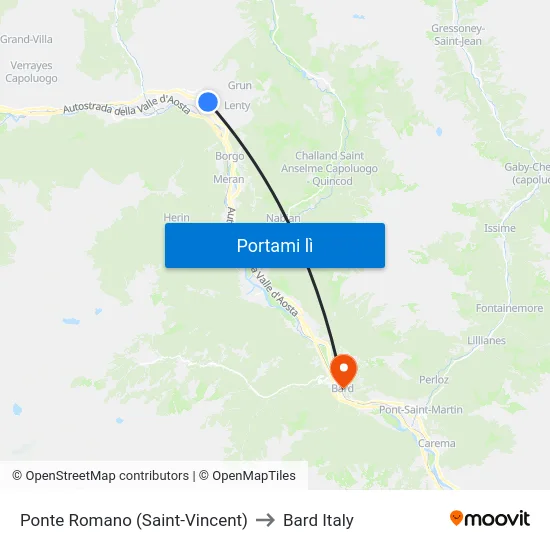 Ponte Romano (Saint-Vincent) to Bard Italy map