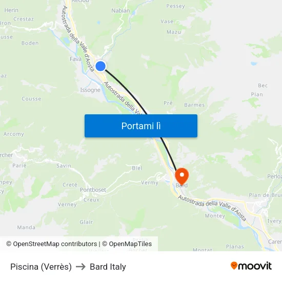 Verrès Piscina to Bard Italy map