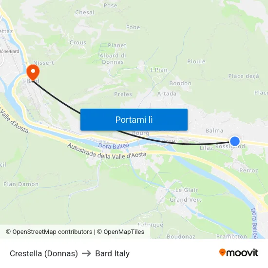Donnas Crestella to Bard Italy map