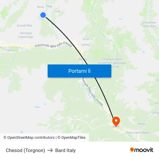 Chesod (Torgnon) to Bard Italy map