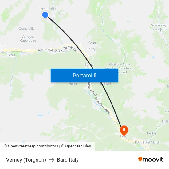 Verney (Torgnon) to Bard Italy map