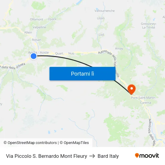 Via Piccolo S. Bernardo Mont Fleury to Bard Italy map