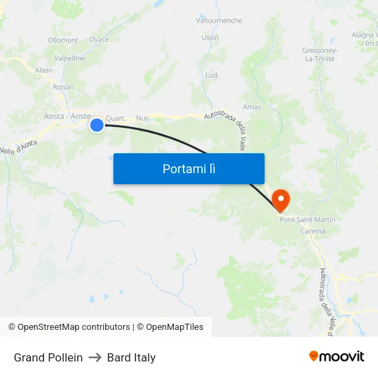 Grand Pollein to Bard Italy map