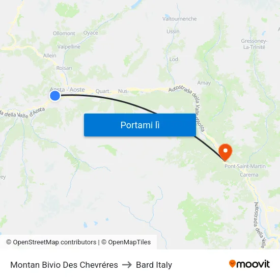 Montan Bivio Des Chevréres to Bard Italy map